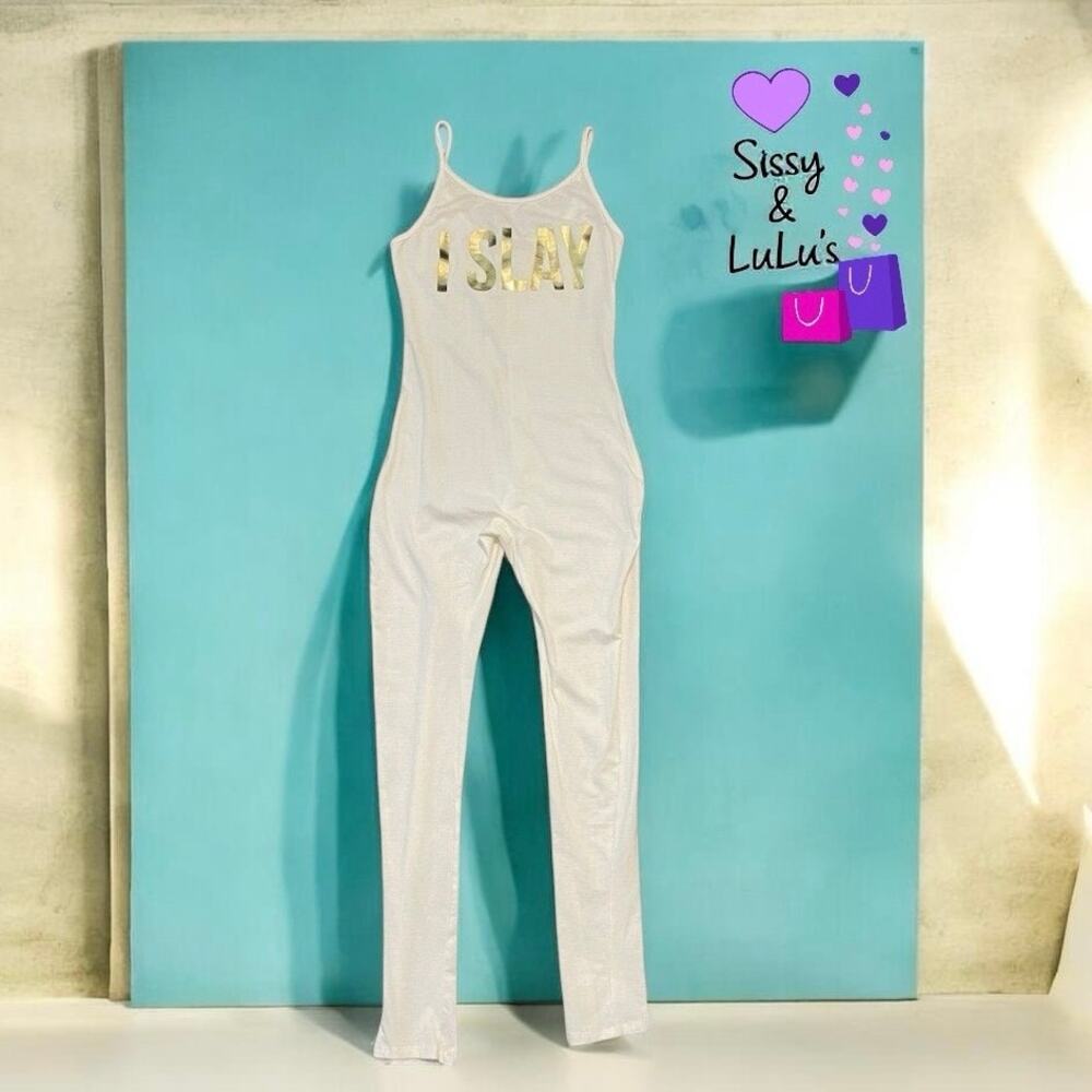 Touch Me White Sleeveless Jumpsuit with Gold 'I SLAY' Print Scoop Neck Size S